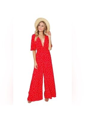 NWOT Finders Keepers Red Floral Deep V-Neck Wide-Leg Jumpsuit